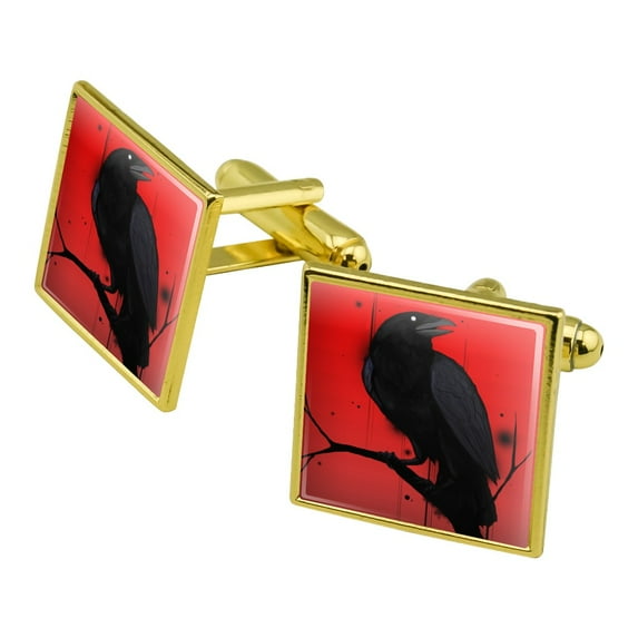 Crow on Branch Square Cufflink Set - Silver or Gold