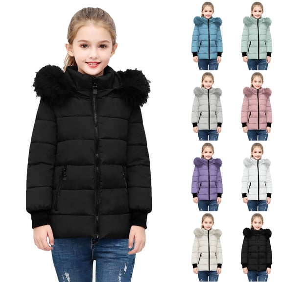 Husipze Cute Puffer Quilted Jacket for Girl Long Sleeve Full Zip Casual Outdoor Winter Coat with Fuzzy Trim Hood Black 5-6 Years