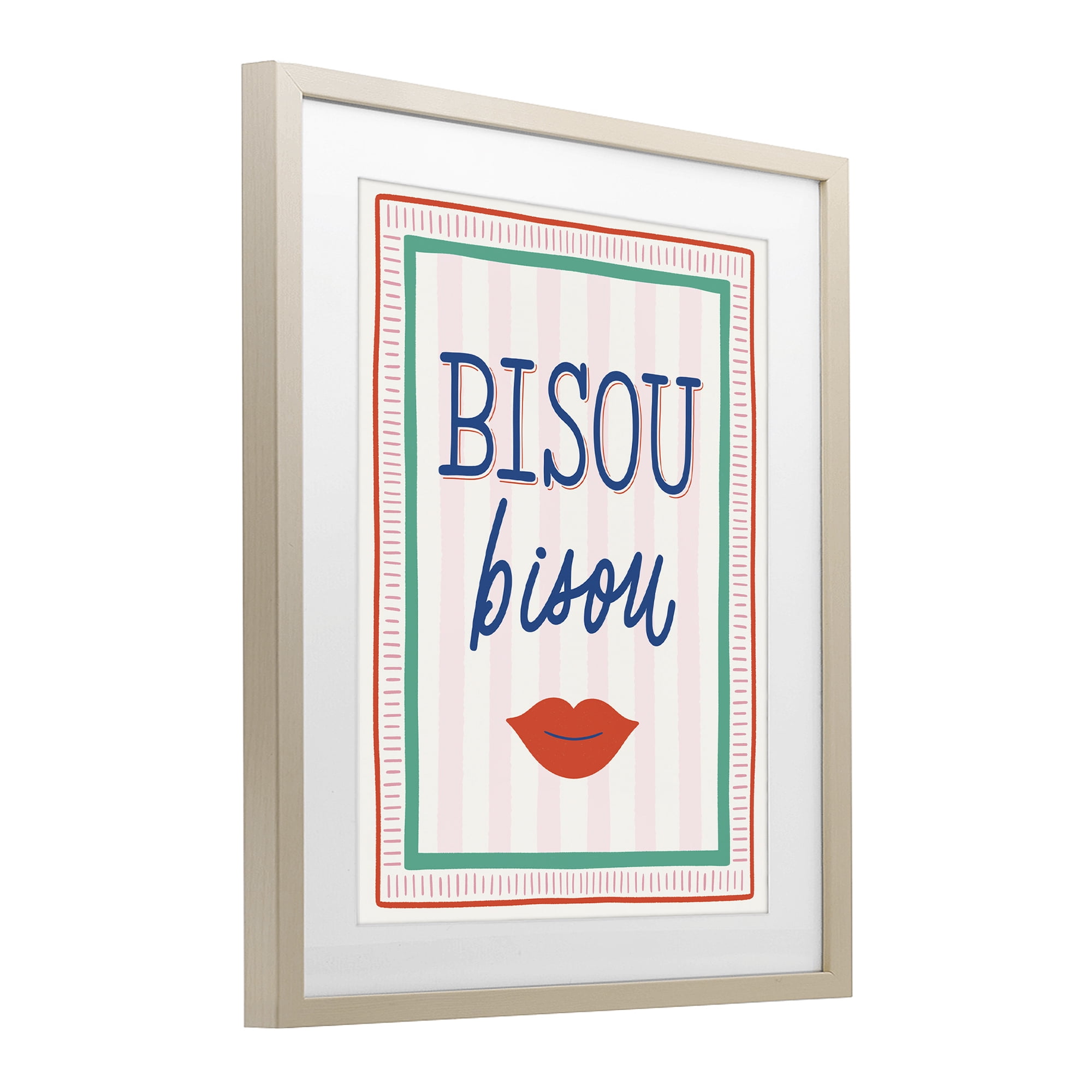 Stupell Industries Bisou Kiss over Stripes Birch Framed Print Under Glass, design by Jalynn Heerdt