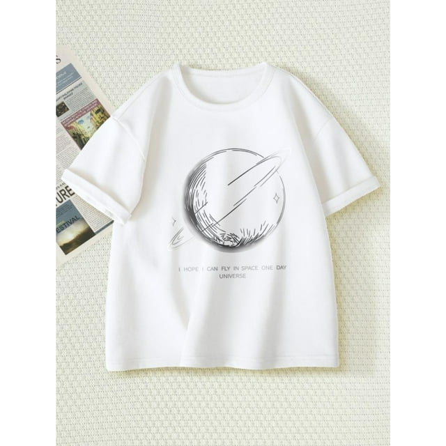 T-Shirt d'Été en Coton pour Garçons - Manches Courtes Col Rond Cool & Décontracté avec Graphique Planète "I Hope One Day", Tee-Shirt Blanc pour Tenue Décontractée, Vêtements Décontractés pour Jeunes / Graphique de Dessin Animé