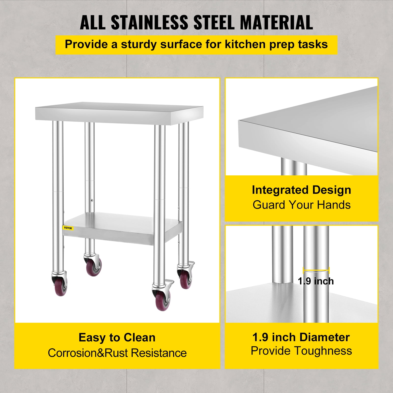 VEVORbrand 24 x 18 x 34 Inches Stainless Steel Work Table 3-Stage Adjustable Shelf with 4 Wheels Heavy Duty Commercial Food Prep Worktable with Brake for Kitchen Prep Work
