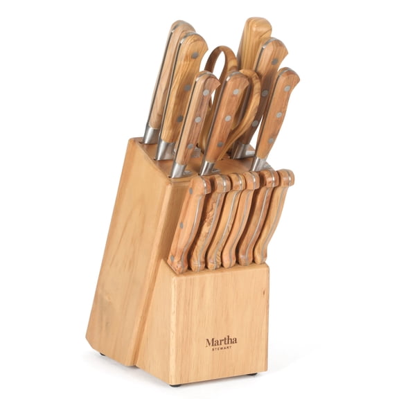 Martha Stewart Austenwood 15-Piece German Stainless Steel Cutlery Block Set, Italian Olive Wood Forged Handles and Wood Block