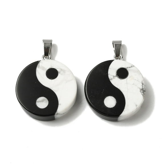 2pc Natural Howlite & Obsidian Flat Round Pendants Yin-yang Charms with Platinum Plated Alloy Snap on Bails 28.5x25x6.5mm Hole: 7.6x4mm