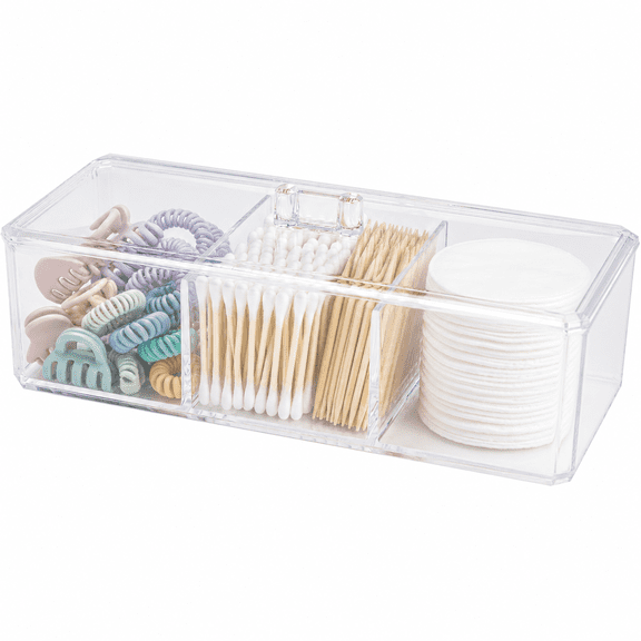 Xuet Clear Bathroom Organizer, 3 Compartment Cotton Ball Swab Holder with Lid
