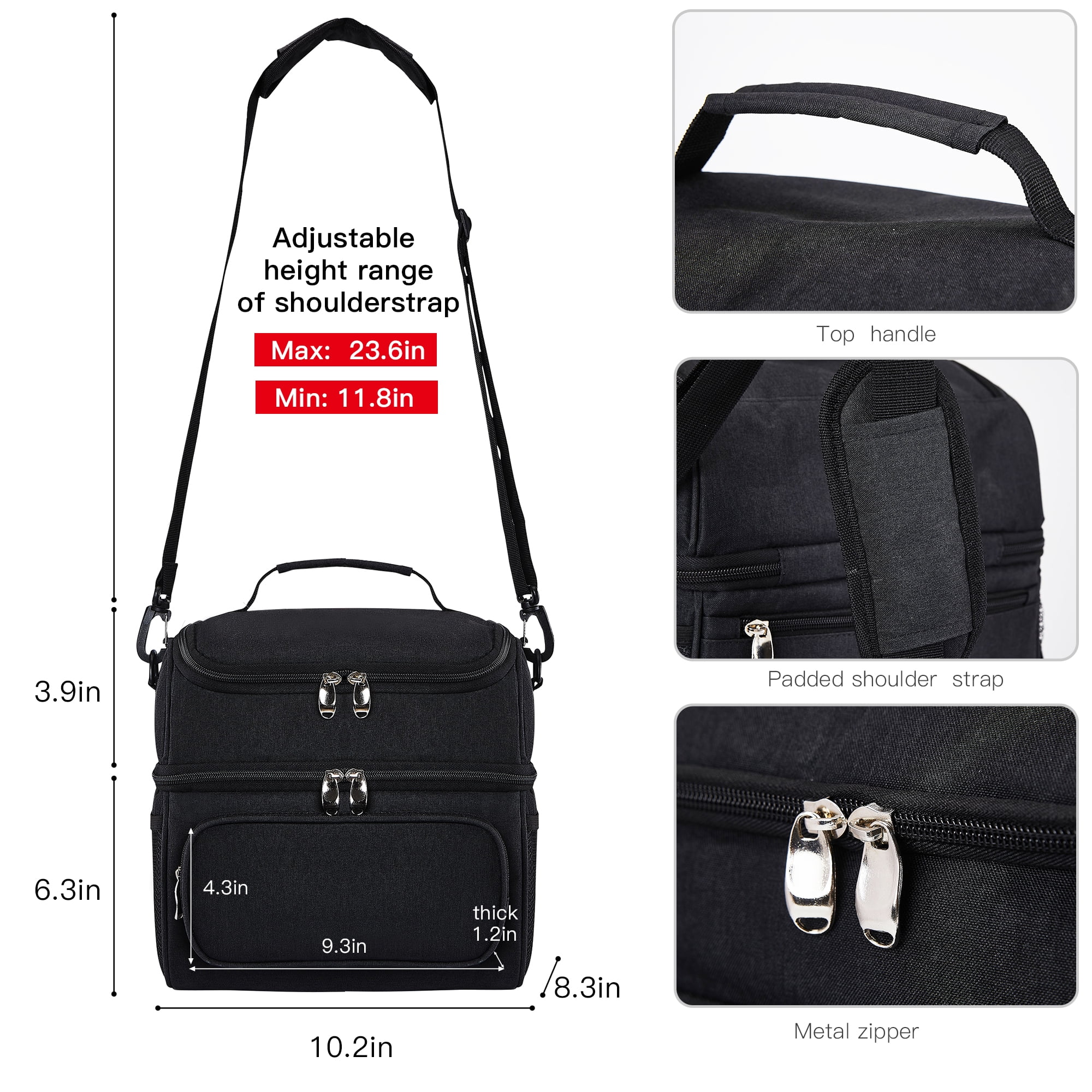 COUTUDI 14L Large Insulated Lunch Bag for Men Women Adult Reusable Leakproof Tote Cooler Lunch Bag for Office Work Double Deck with Shoulder Straps（Black）