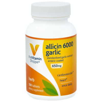 The Vitamin Shoppe Allicin 6000mcg Garlic, 650mg, Enteric Coated Tablets for Easy Swallowing, Promotes Healthy Cholesterol and Overall Hearth Health, Take Once Daily (100