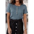 thumbnail image 2 of POGLIP Women's Blue Buttoned Ribbed Knit Short Sleeve Top, 2 of 6