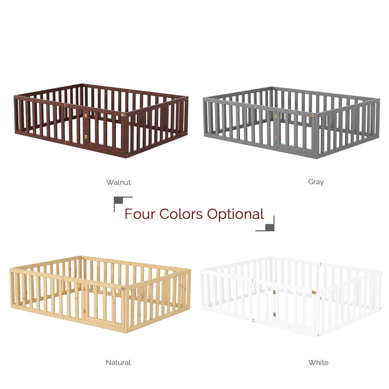Full Size Wood Floor Bed with Door & Fence, Montessori Bed Frame with Full Length Safety Guardrails, Wood Full Bed with Slats, -No Box Spring NeededGray