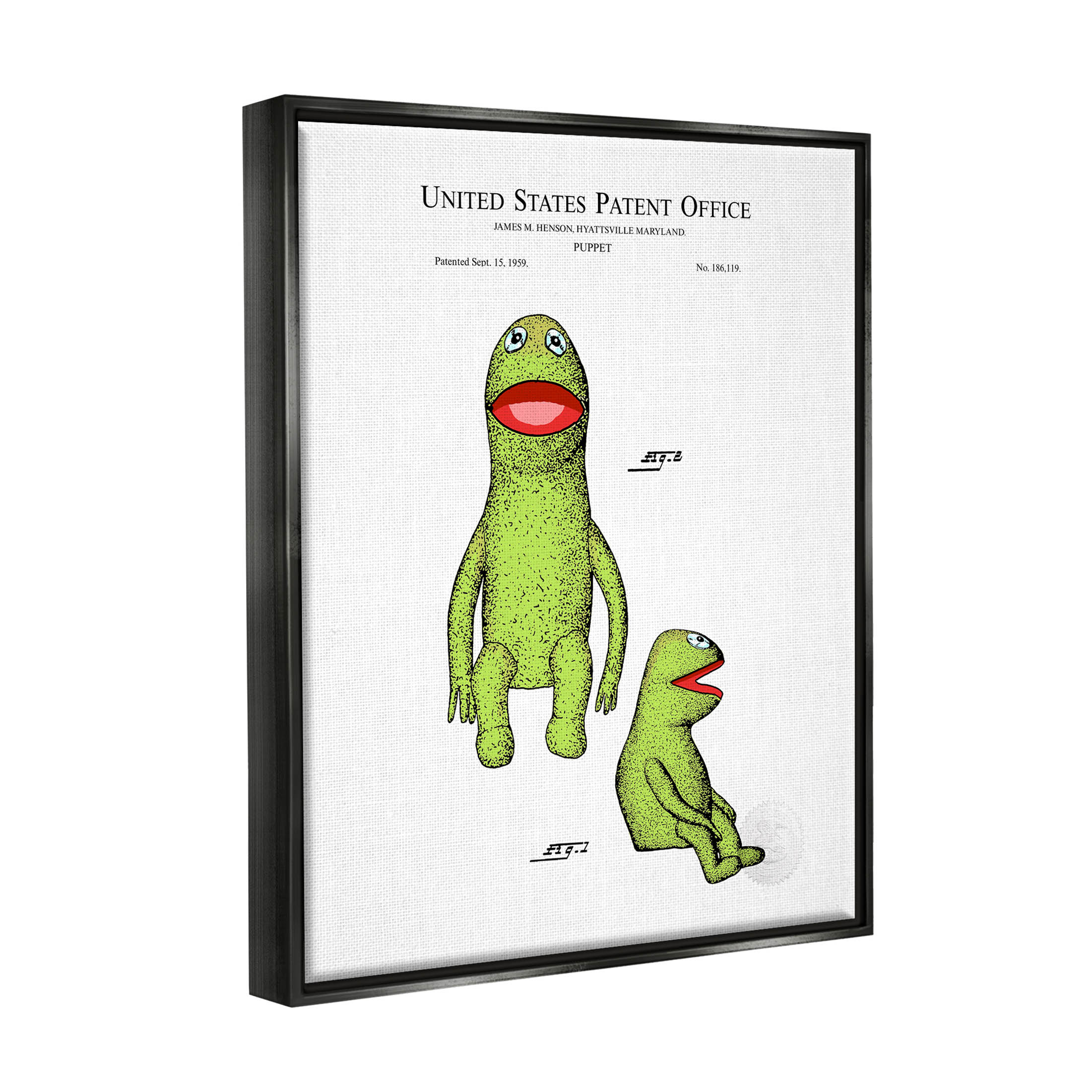 Stupell Industries Vintage Frog Puppet Patent Graphic Art Jet Black Floating Framed Canvas Print Wall Art, Design by Karl Hronek