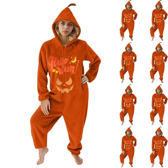 Kintue Cozy Halloween Pumpkin Onesie, Cosplay Costume Hooded Pajama Jumpsuit for Women, Soft One Piece Fall Sleepwear Family Outfits