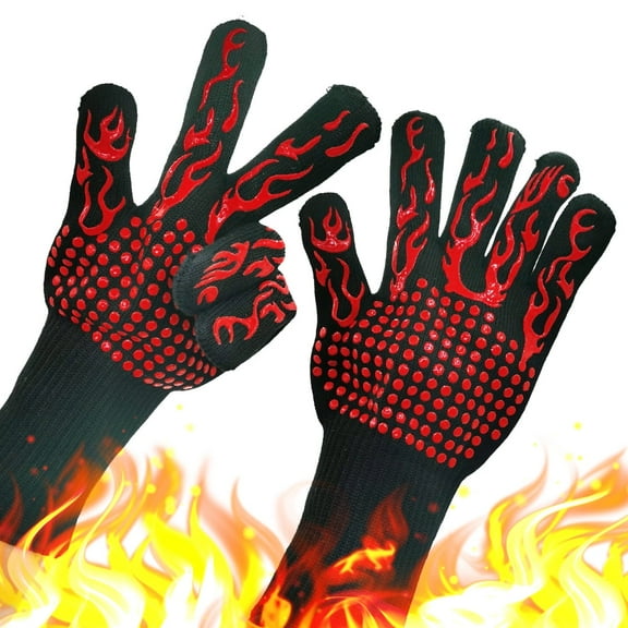 Somnr 1472℉ Heat Resistant BBQ Gloves, Food Grade Kitchen Oven Mitts - Oven Gloves with Cut Resistant, Silicone Non-Slip Cooking Hot Glove (1 Pair)(Flame red)