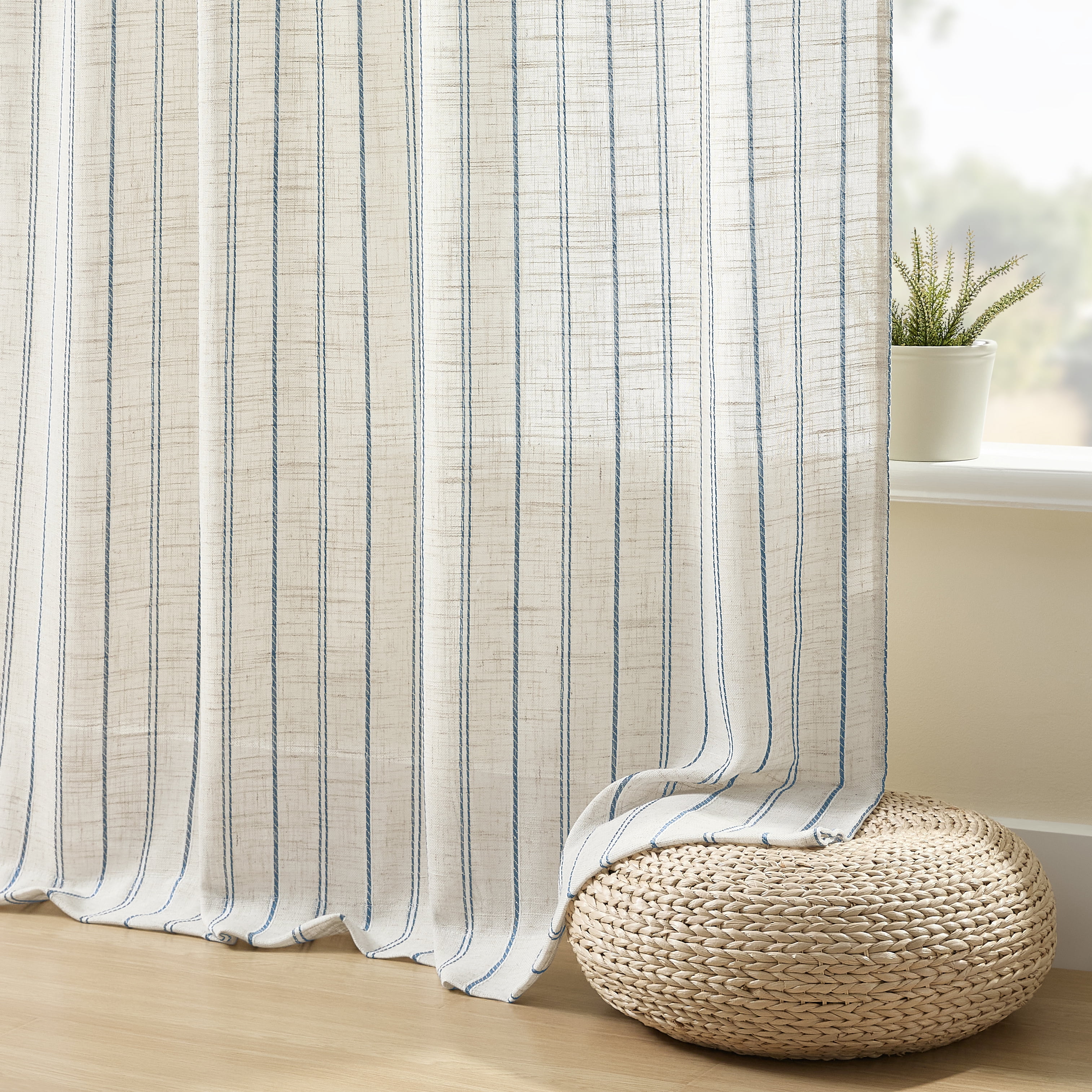 Muuphra Farmhouse Striped Linen Blend Curtains for Living Room Semi sheer Back Tab Coastal Drapes for Bedroom,2 Panels,52"×84"
