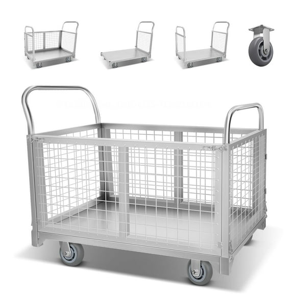 4-IN-1 Platform Truck Cart with Cage, for Grocery,Laundry,Stall,Storage Multi-Purpose Heavy Duty Steel Flatbed Cart, 4-in-1 Heavy Duty Platform Truck with Cage, 2200lbs Capacity Hand Truck (Silver)