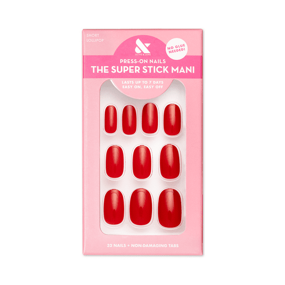 Olive & June Super Stick Mani Round Short Press-On Tabs, Red, Lollipop, 32 Pieces