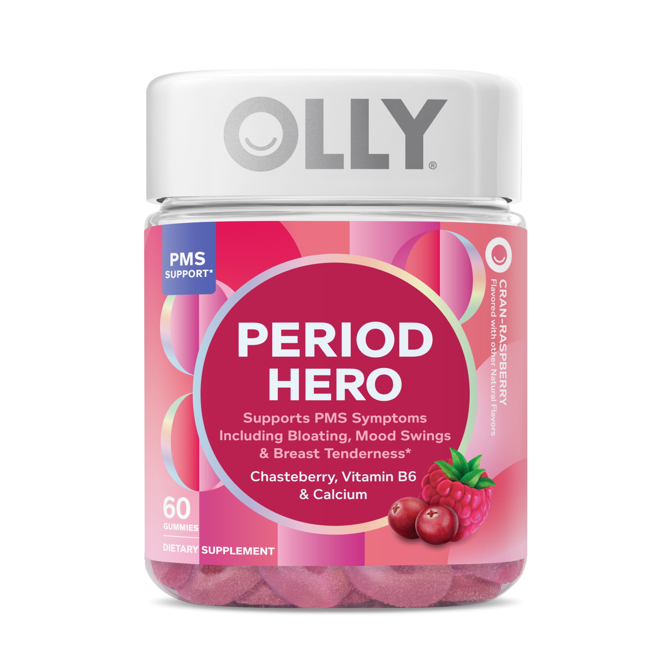 OLLY Period Hero Gummy Supplement, Chasteberry, Vitamin B6, Calcium, PMS Support, Raspberry, 60 Count