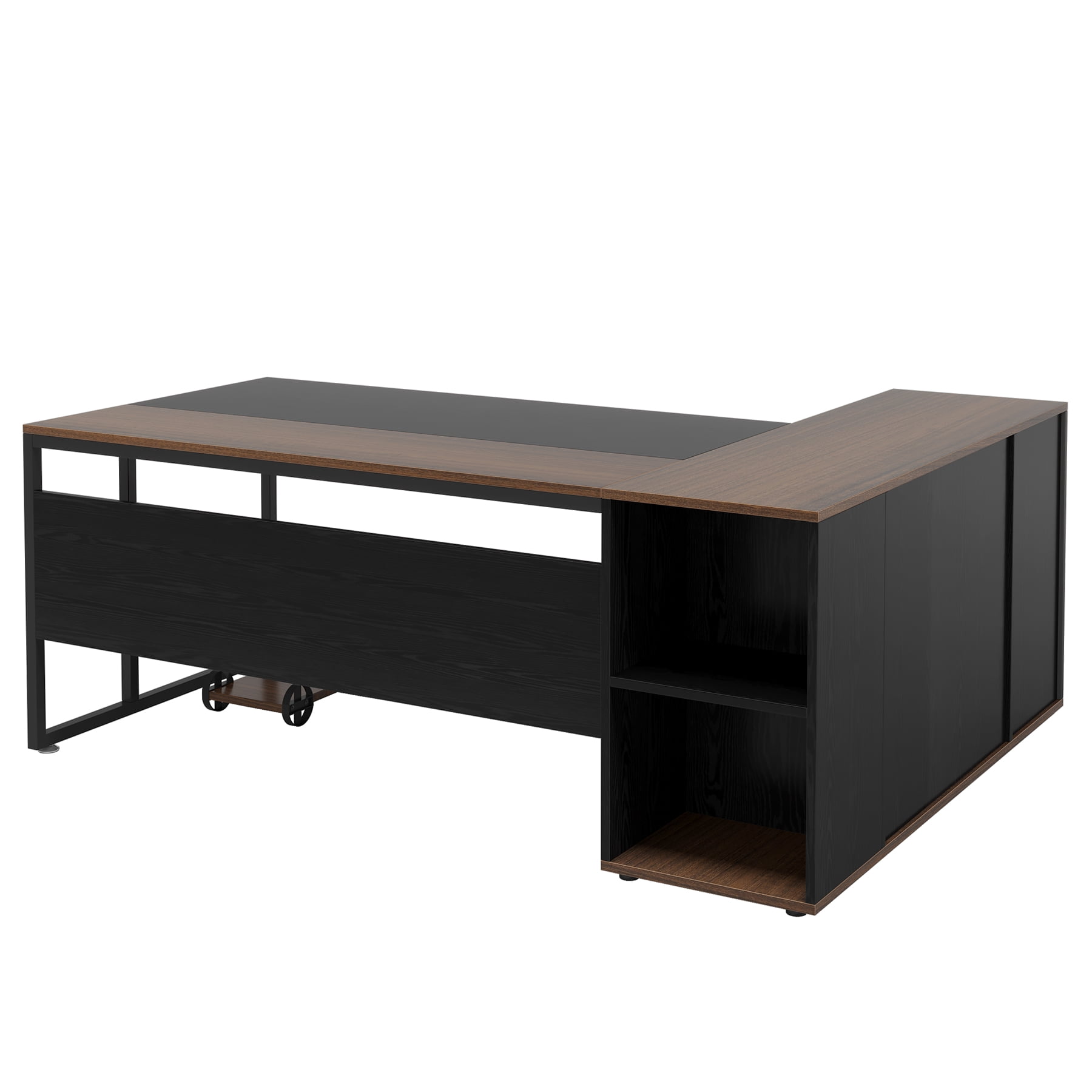 Finmind 71 inch Executive Desk, L Shaped Desk with Cabinet Storage, Executive Office Desk with Shelves, Business Furniture Workstation for Home Office, Black and Brown