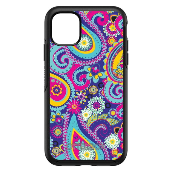 DistinctInk OtterBox Symmetry Custom Case for Apple iPhone 15 (6.1" Screen) - Hot Blue Yellow Pink Paisley - Shockproof Protection