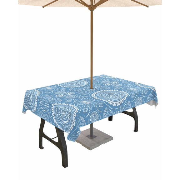 Fsddascl Blue Geometric Outdoor Tablecloth - 60x84 Inch Rectangle Dining Table Cover, Contemporary Abstract Art Waterproof Outdoor Table Cloth with Umbrella Hole & Zipper for Picnic/Patio/Party