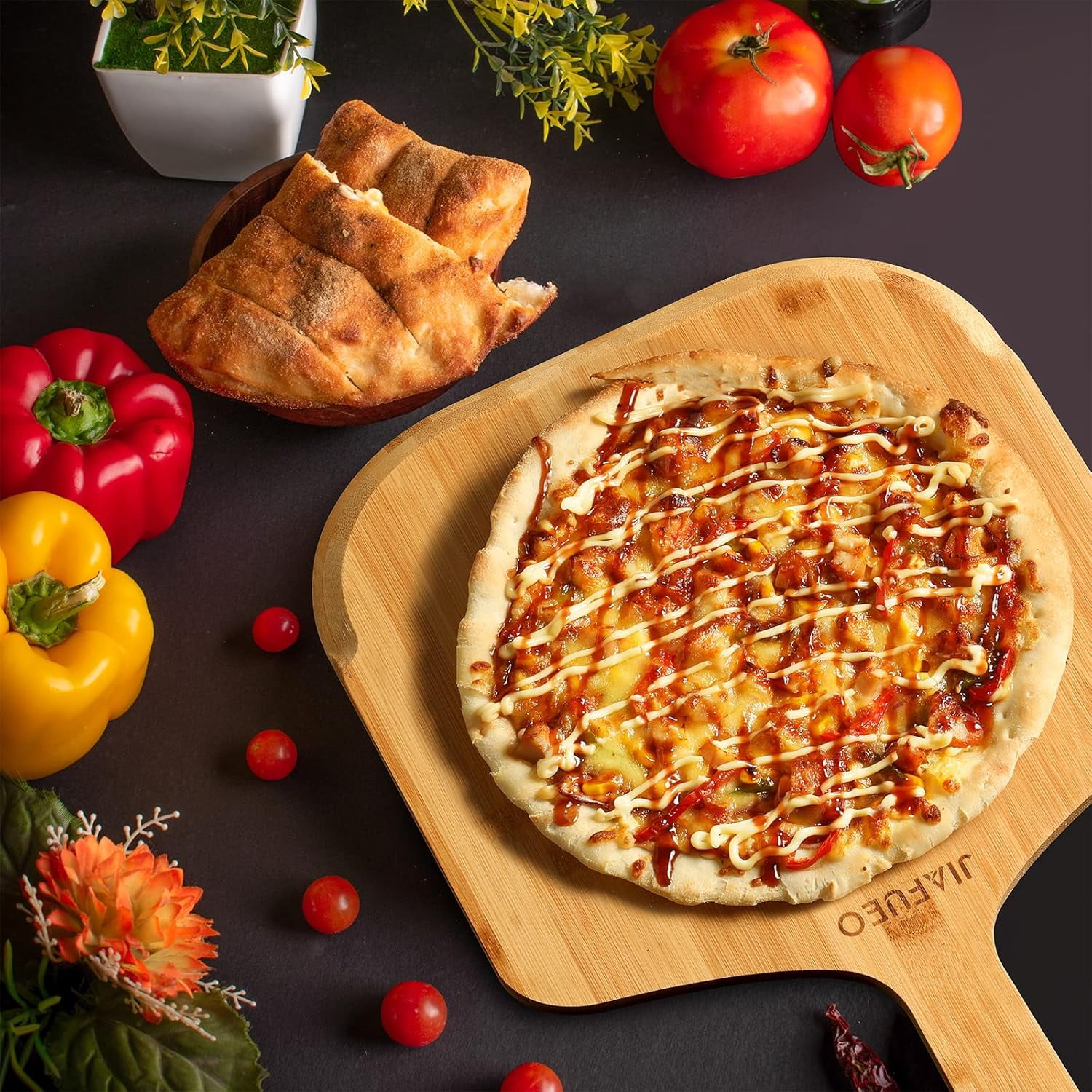 RGHJAR-Pizza Peel 12 inch, Bamboo Pizza Paddle Spatula - Wooden Serving Board, Oven Accessory for Baking Homemade, Wood Cutting Board for Cheese Bread Fruit Vegetables
