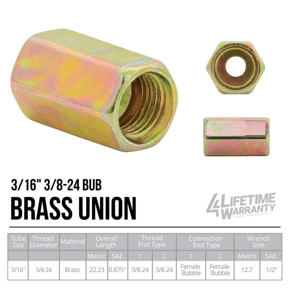 4Lifetimelines Steel Brake Line Union, 3/16 (3/8-24 Bubble), 10/Bag