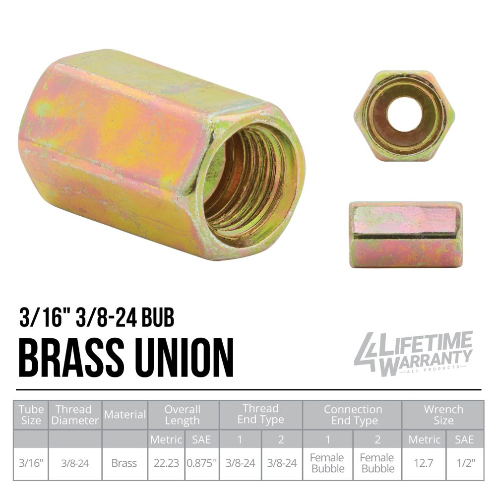4LIFETIMELINES Steel Brake Line Union, 3/16 (3/824 Bubble), 10/bag