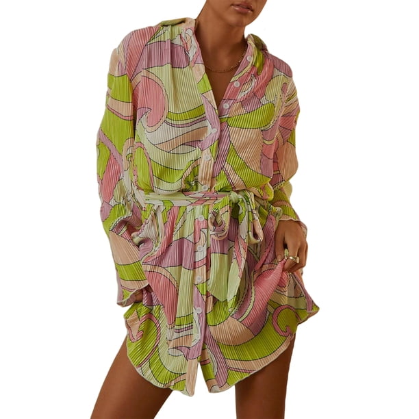 VISgogo Vestido de camisa con botones para mujer, mini vestido plisado de manga larga con cuello en V y cinturón VISgogo moda