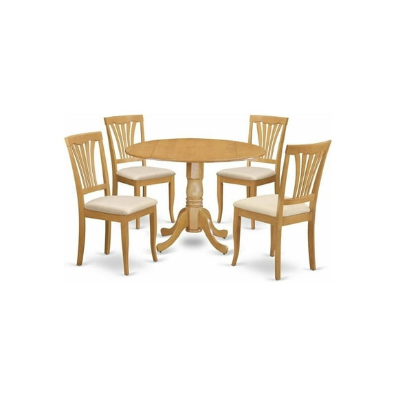 HomeStock 5-Piece Dining Set, Round Table with Two 9-Inch Drop Leaves, 4 Microfiber Upholstered Chairs, Oak Finish, 42" Table, 125 lbs