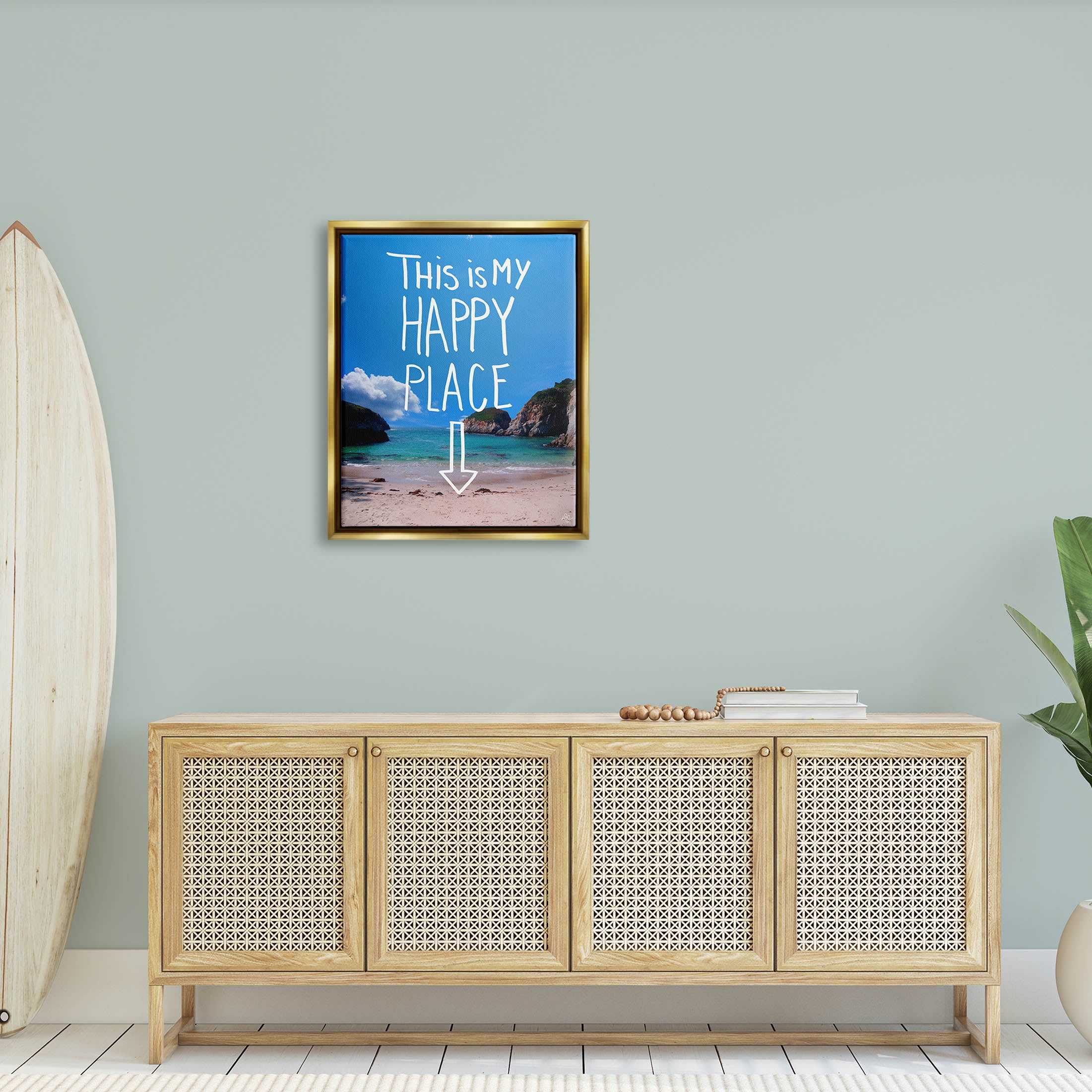 Stupell Industries My Happy Place Summer Beach Graphic Art Metallic Gold Floating Framed Canvas Print Wall Art, Design by K. Kaufman
