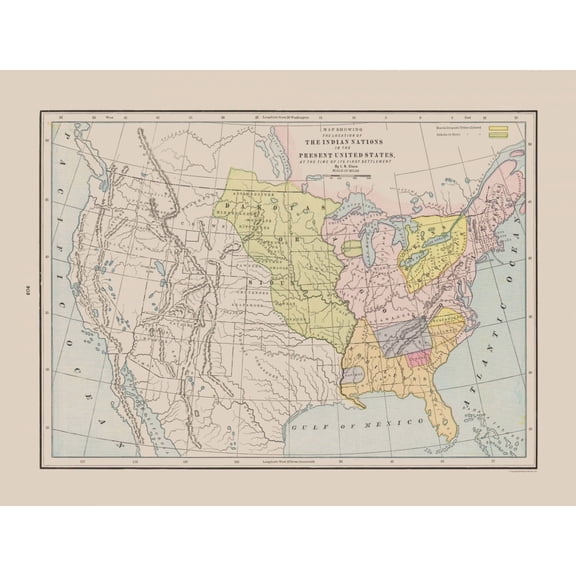 Historic War Map - Indian Nations First Settlement - Cram 1892 - Vintage Wall Art