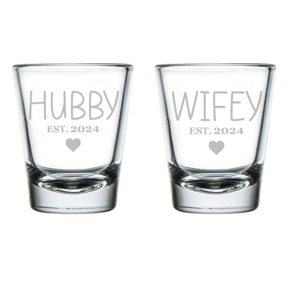Set of 2 Shot Glasses 1.75oz Shot Glass Gift Husband And Wife Wedding Engagement For Couple Hubby & Wifey