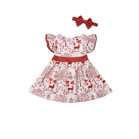 

Christmas Toddler Kids Baby Girls Deer Bowknot Pageant Party Formal Dress With Headband