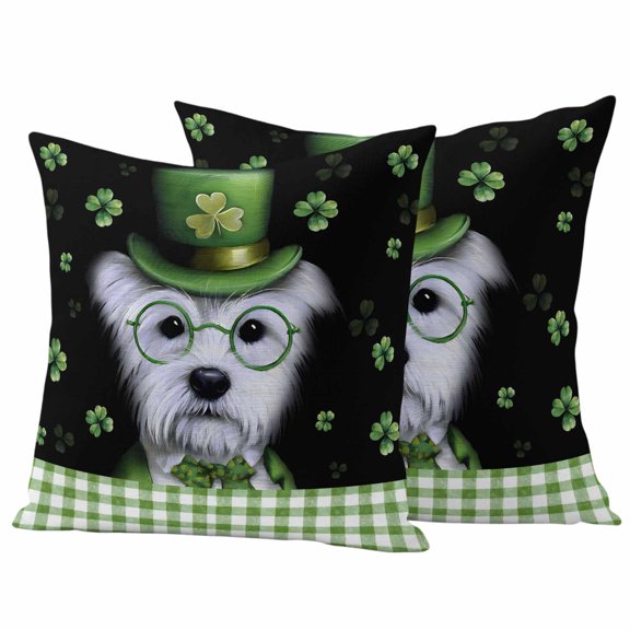 St. Patrick's Day Outdoor Waterproof Pillow Covers, Lucky Shamrock Cute Puppy Hat Green Plaid Decorative Square Throw Pillowcase Sofa Cushion Sham for Patio/Couch/Chair, 16"x16" 2 Pack