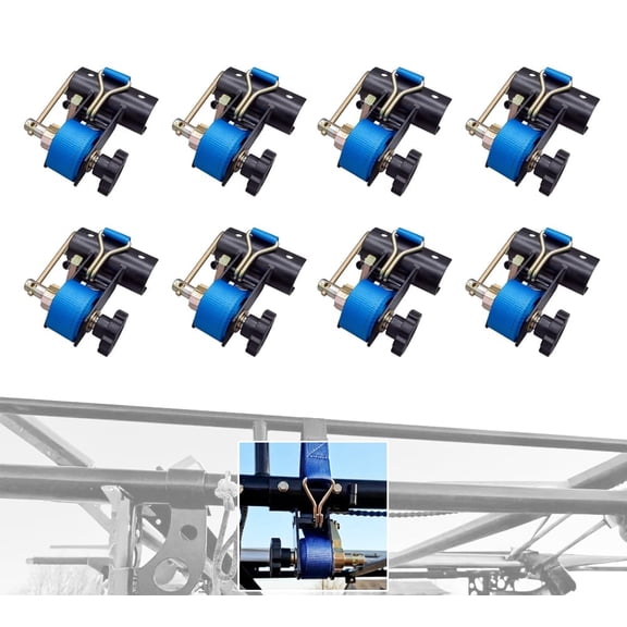 4 Pack 1-1/2"x7' Blue Ladder Rack Ratchet Straps with J-Hook (Pair) - 500 lbs 2" Black Round Tube Mount - Retractable Ratchet Tie Down Strap for Roof Rack