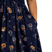 CHGBMOK Vintage Floral Wrap Midi Dress Women High Waist Tummy Control Short Sleeve Pocket Flowy Sundress S-5XL Elegant Dress for Wedding Party Daily Travel