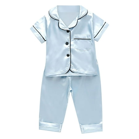 

LNMQLPDBS Toddler Kids Baby Boys Girls Satin Short Sleeve Button Down Shirt Tops Long Pants Silk Pajamas Sleepwear Outfits Loungewear Set Cozy Home Pajamas