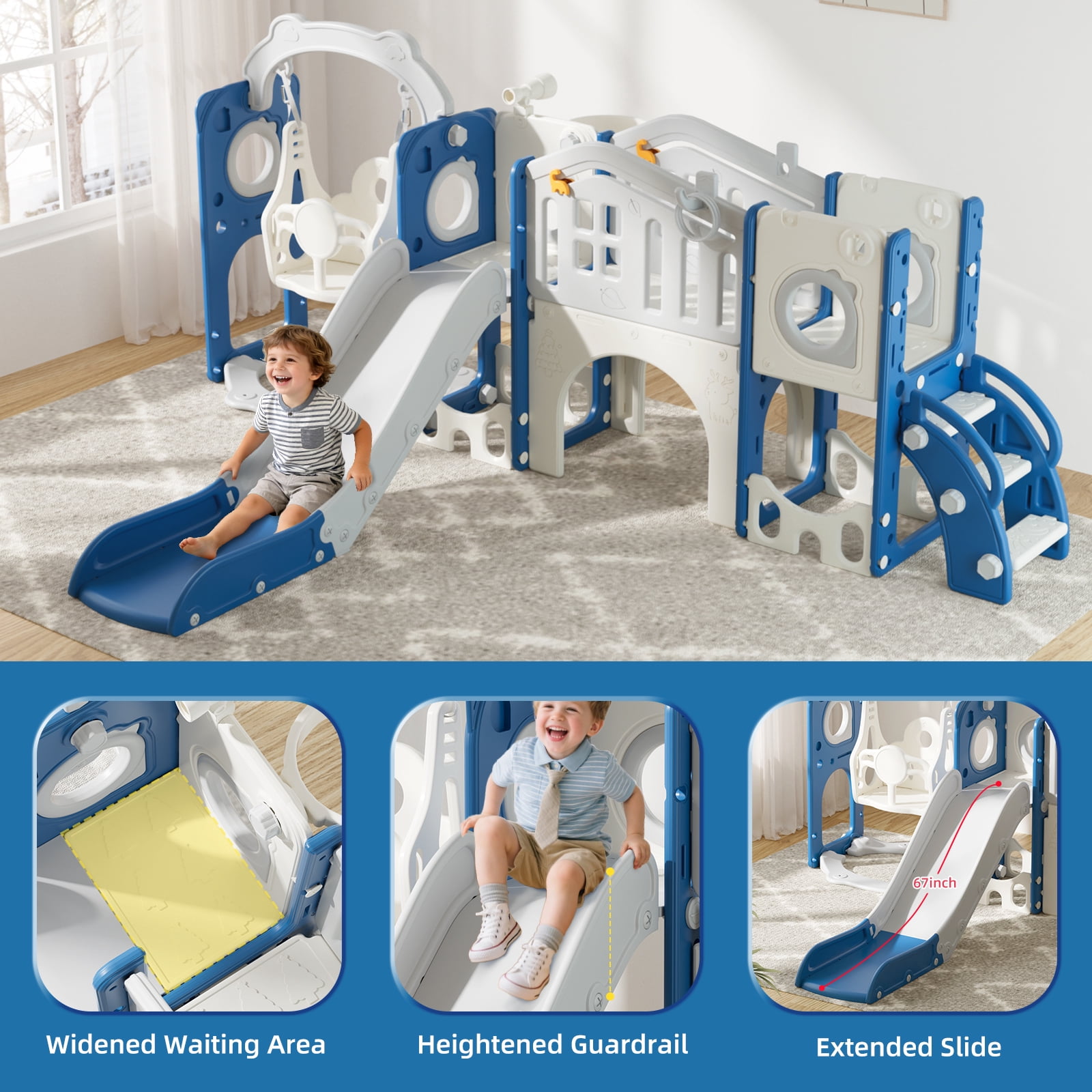 XJD 12 in 1 Toddler Slide and Swing Set - Baby Slide for Toddlers 1-3, Indoor Outdoor Toddler Playset Playground, Blue & Gray