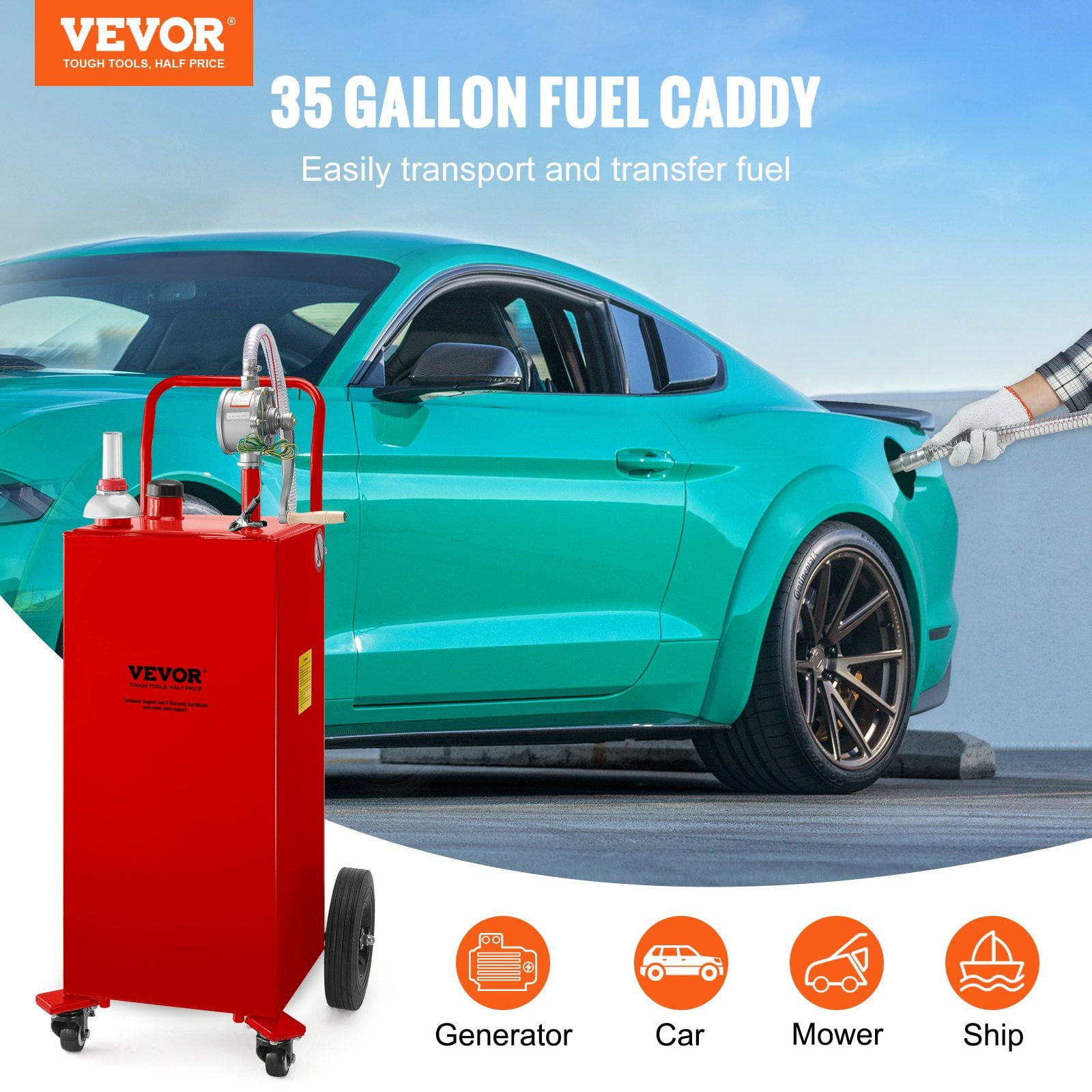35 Gallon Red Fuel Caddy with Manual Transfer Pump 4 Wheel Gas Diesel Storage Tank for Cars Lawn Mowers ATVs Boats
