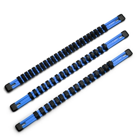 UPC: 0886352502009 | Capri Tools Aluminum Socket Rail Set  1/4   3/8  and 1/2  Drive  17  Long  Blue  3-Piece Rail with 58 Socket Clips
