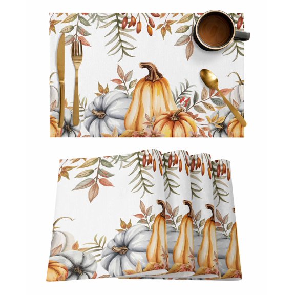 Fall Pumpkin Placemats Set of 6 Autumn Leaves Thanksgiving Harvest Botanical Heat Insulation Washable Place Mats, Rustic Non-Slip Table Mats for Dining Table Party Kitchen Decor,13x19 Inch