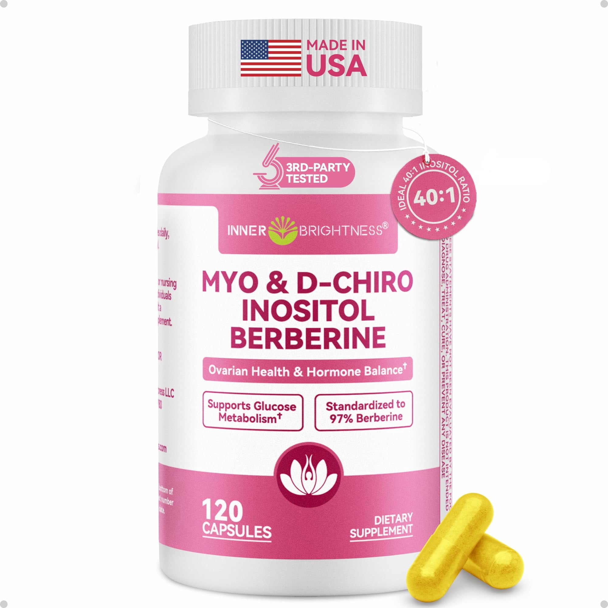Inner Brightness Myo & D-Chiro Inositol 40:1 Supplement for Women, Reproductive Wellness with Berberine & MTHF Folate, 120 Capsules