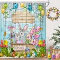 Happy Easter Shower Curtain, Bunny Rabbit Eggs Spring Flower Farmhouse Wooden Plank Machine Washable Waterproof Fabric for Bathroom Bathtub Decor with Hooks 72x72