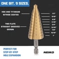 thumbnail image 5 of NEIKO 10624A Step Drill Bit, 9 Steps 1/2" to 1" Straight High Speed Steel, Titanium Nitride Coated, 1/4" Quick Change Step Bits for Steel, Metal, Wood, Plastic, Unibit Cone Drill Bits, Two Flute, 5 of 8