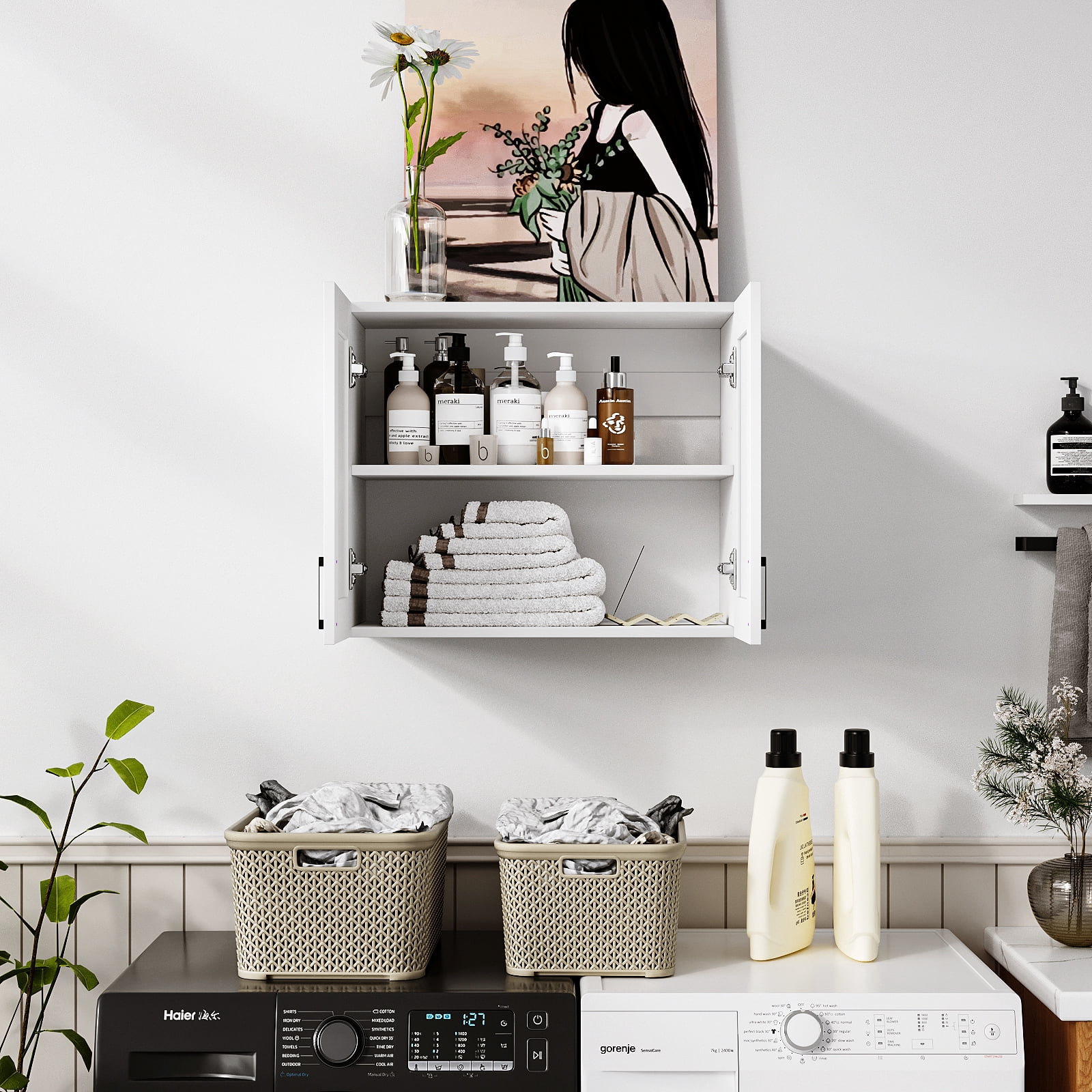 White Laundry Room Cabinets and Storage with 2 Doors and Utility Adjustable Shelf，Gabinetes Para Cocina Cupboard Kitchen Organizers and Storage Pantry Wall Mounted 12.4"D x 23.6"W x 19.7"H