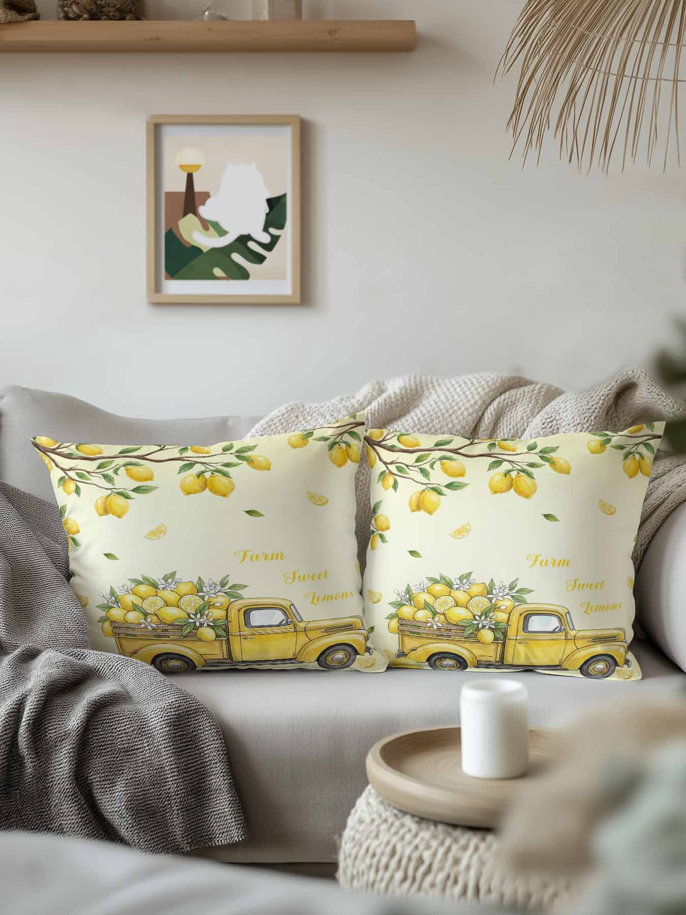 1 Pack Outdoor Pillows Waterproof, Lemon Truck Indoor/Outdoor Throw Pillows with Inserts, Summer Tropical Lemon Fruits Yellow Decorative Pillow for Patio Furniture Chairs Couch