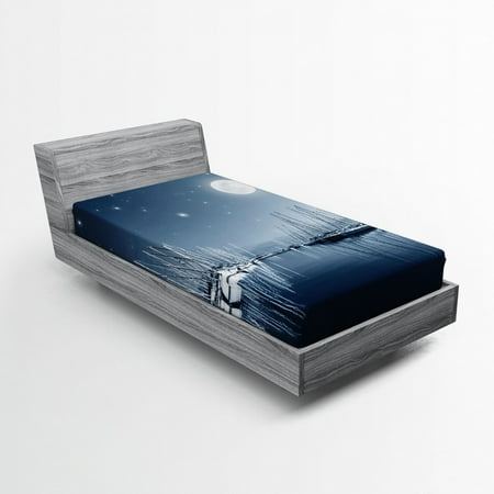 Boats Fitted Sheet Tranquil Marina View at Night with Stars and Full Moon, Soft Decorative Fabric Bedding, Slate Blue White, by Ambesonne