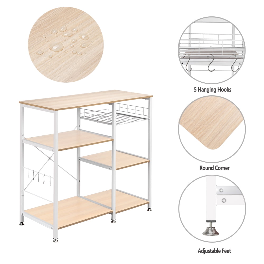 4-Layer Microwave Oven Rack with Pull-Out Basket, X-Shaped Back Bracket, Floor-Standing Kitchen Storage Shelf, White Oak, 35.4 x 15.7 x 33 in