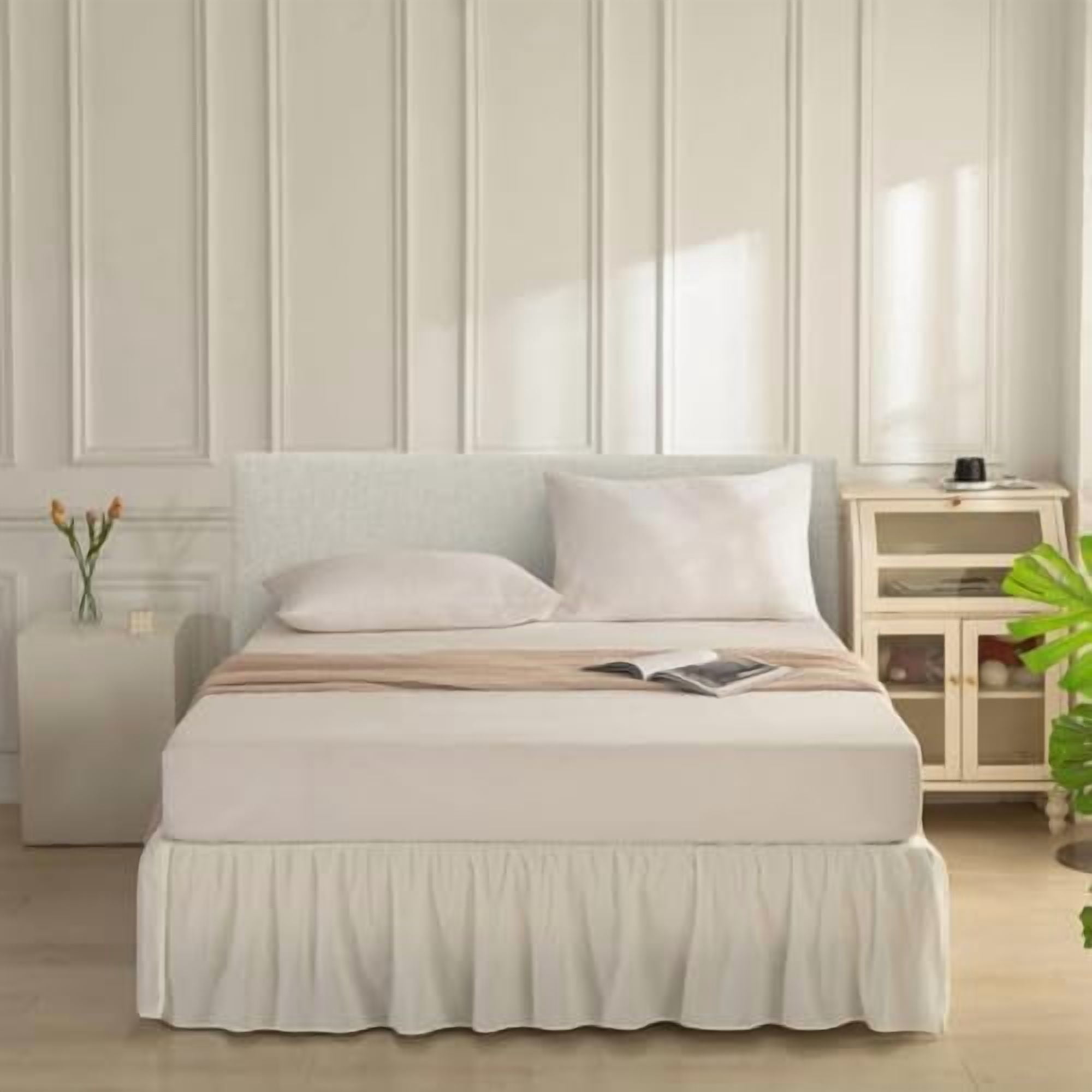 Bed Skirt Queen Size Ruffled Bed Skirt with Split Corners, Ivory Queen Bed Skirts 18 Inch Drop with Platform, 18'' Queen