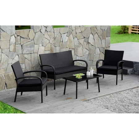 Outdoor 4 PC Wicker Rattan Patio Sectional Set Sofa Glass Table Loveseat Black