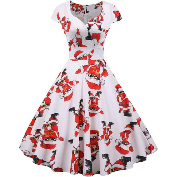 Vestido de Navidad para mujer, estilo vintage, manga corta, estilo años 50, estilo retro, para cóctel, escote en V, falda plisada, vestido de fiesta, elegante, estilo festivo, estilo