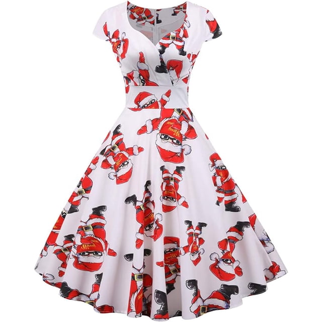 Vestido de Navidad para mujer, estilo vintage, manga corta, estilo años 50, estilo retro, para cóctel, escote en V, falda plisada, vestido de fiesta, elegante, estilo festivo, estilo